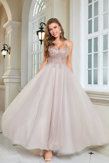 Rosa A-Línea Tul Vestido de Fiesta Con Encaje